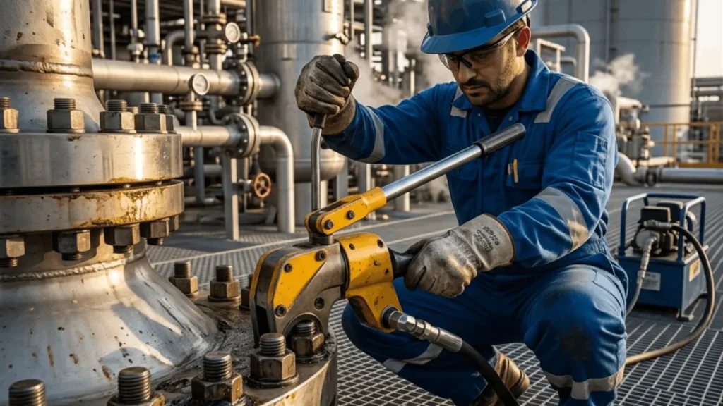industrial worker tightening flange bolts using torque wrench