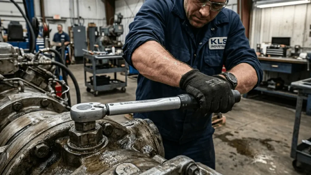 technician using torque wrench to tighten bolt
