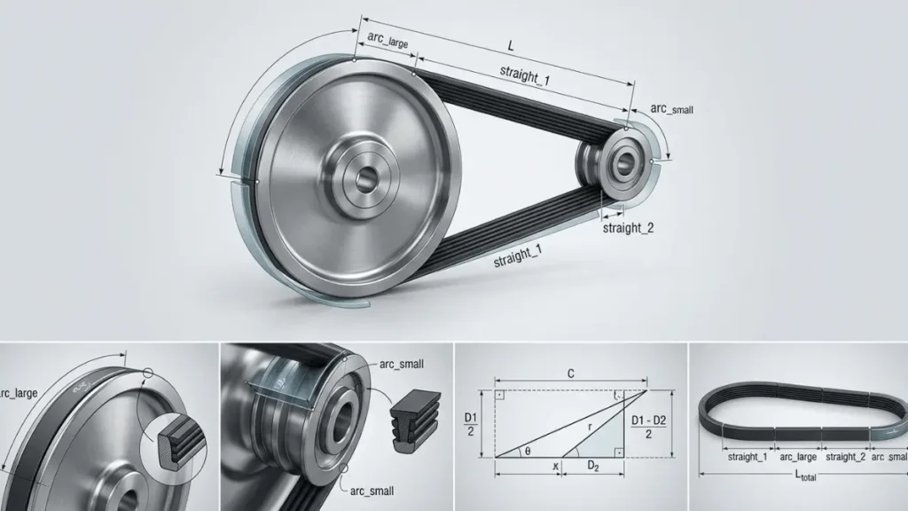 "belt length calculation diagram pulley system"