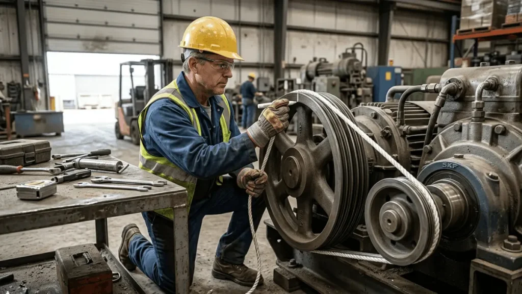 technician measuring belt length using rope method in industrial setting