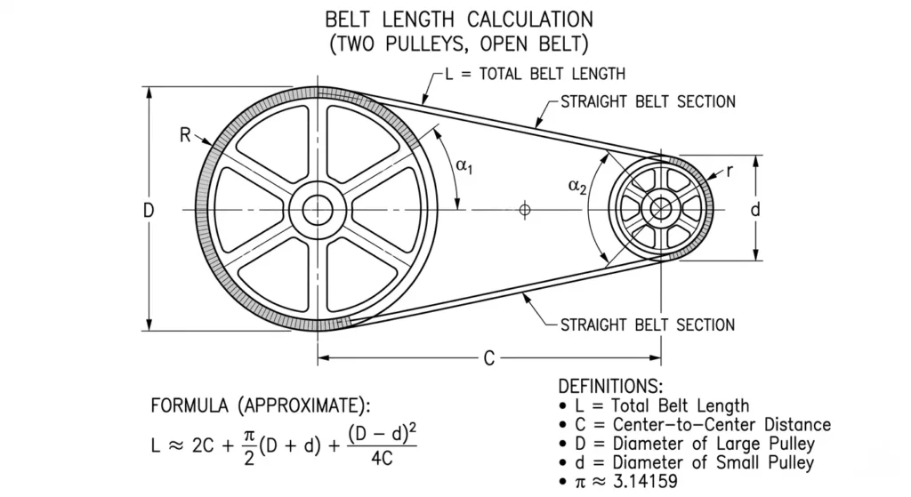 belt length calculation diagram between two pulleys with measurements