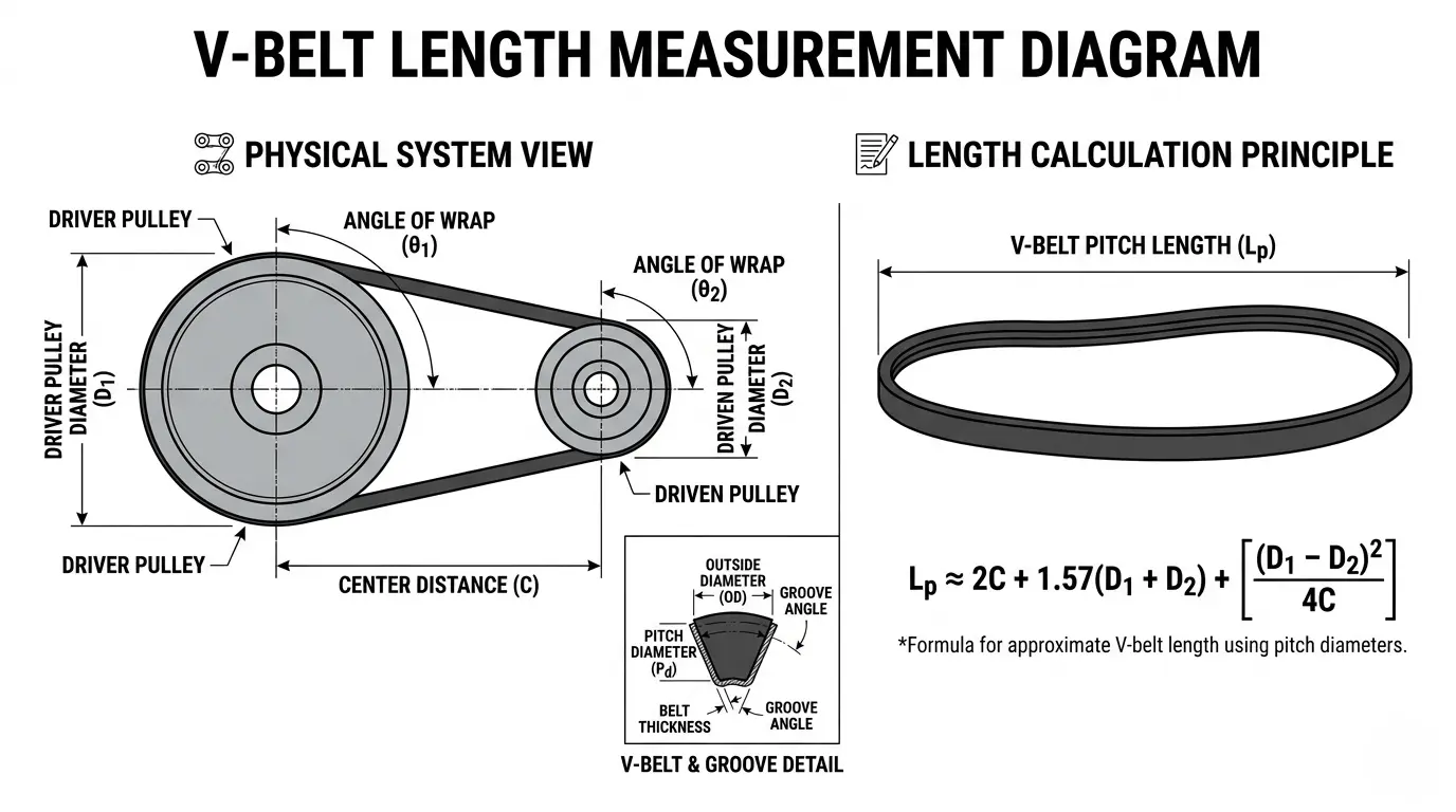 belt length measurement diagram showing pulley distance