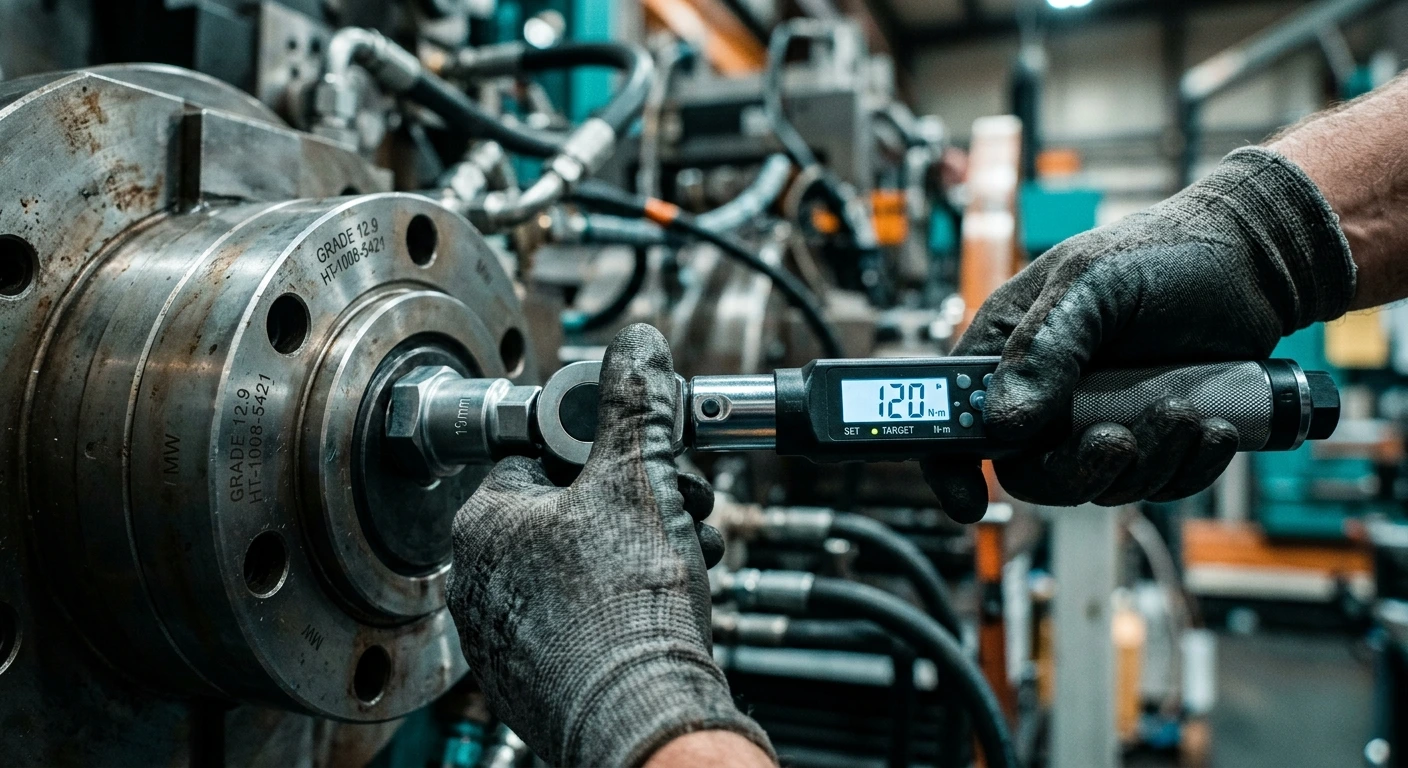 technician tightening bolt torque wrench