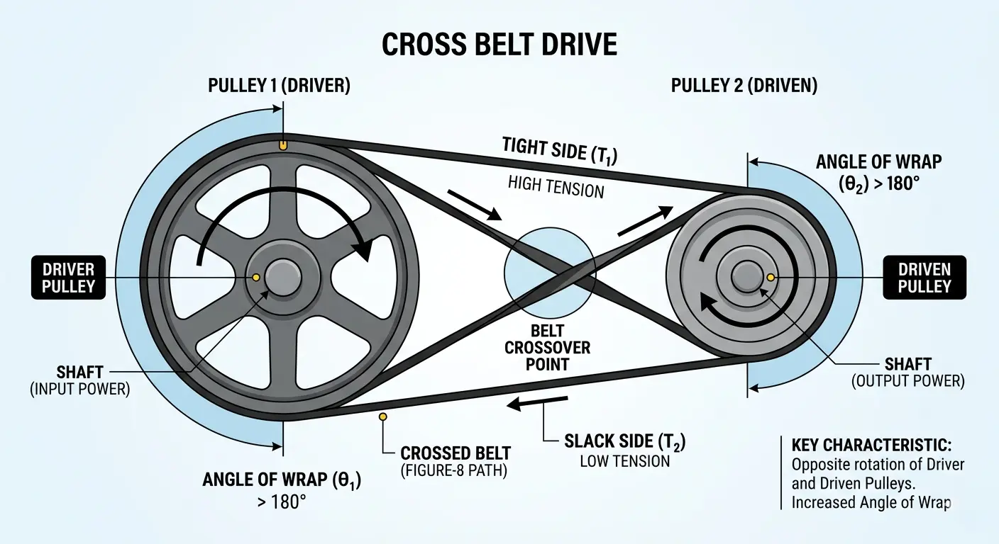 cross belt drive diagram showing opposite rotation direction
