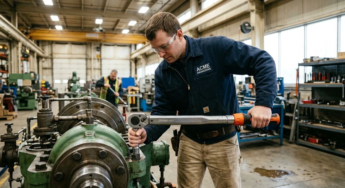 technician using torque wrench in industrial maintenance