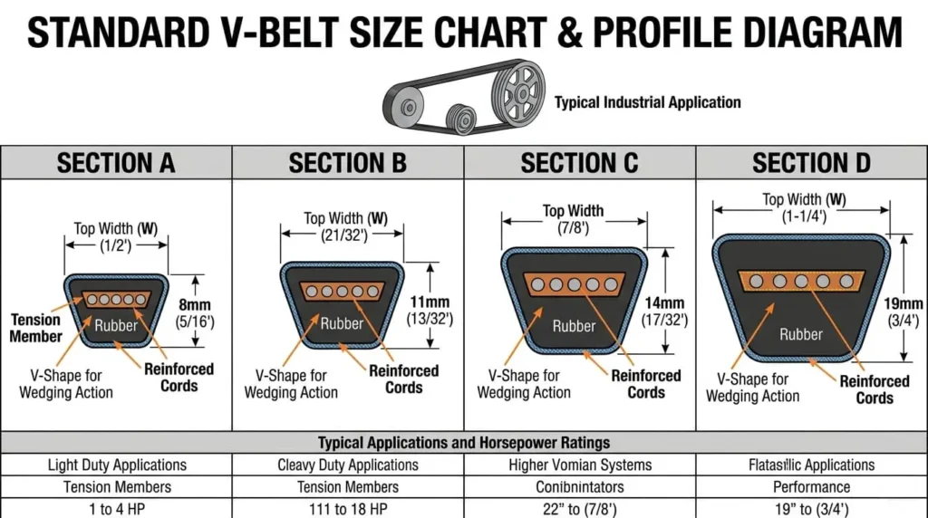 v belt size chart showing different belt sections and dimensions
