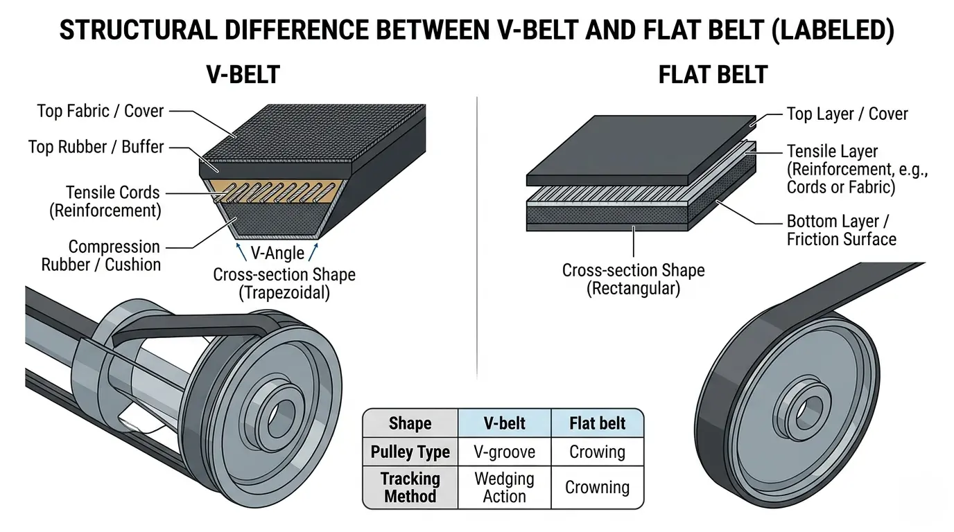 difference between v belt and flat belt structure illustration