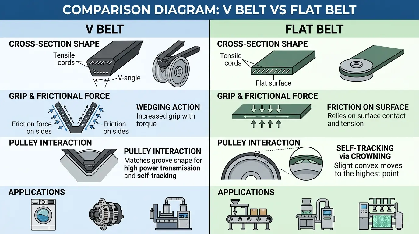 v belt vs flat belt comparison diagram showing structure and shape