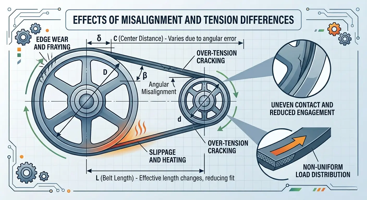 belt installation showing tension and alignment variations