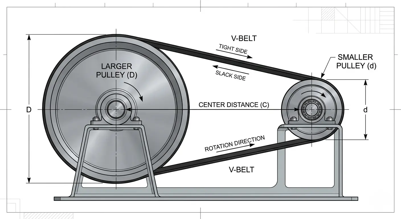 belt length calculation example diagram with pulleys