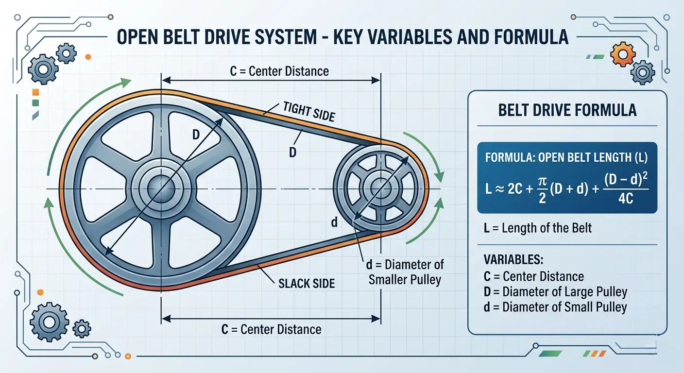 belt length formula diagram with pulleys and measurements
