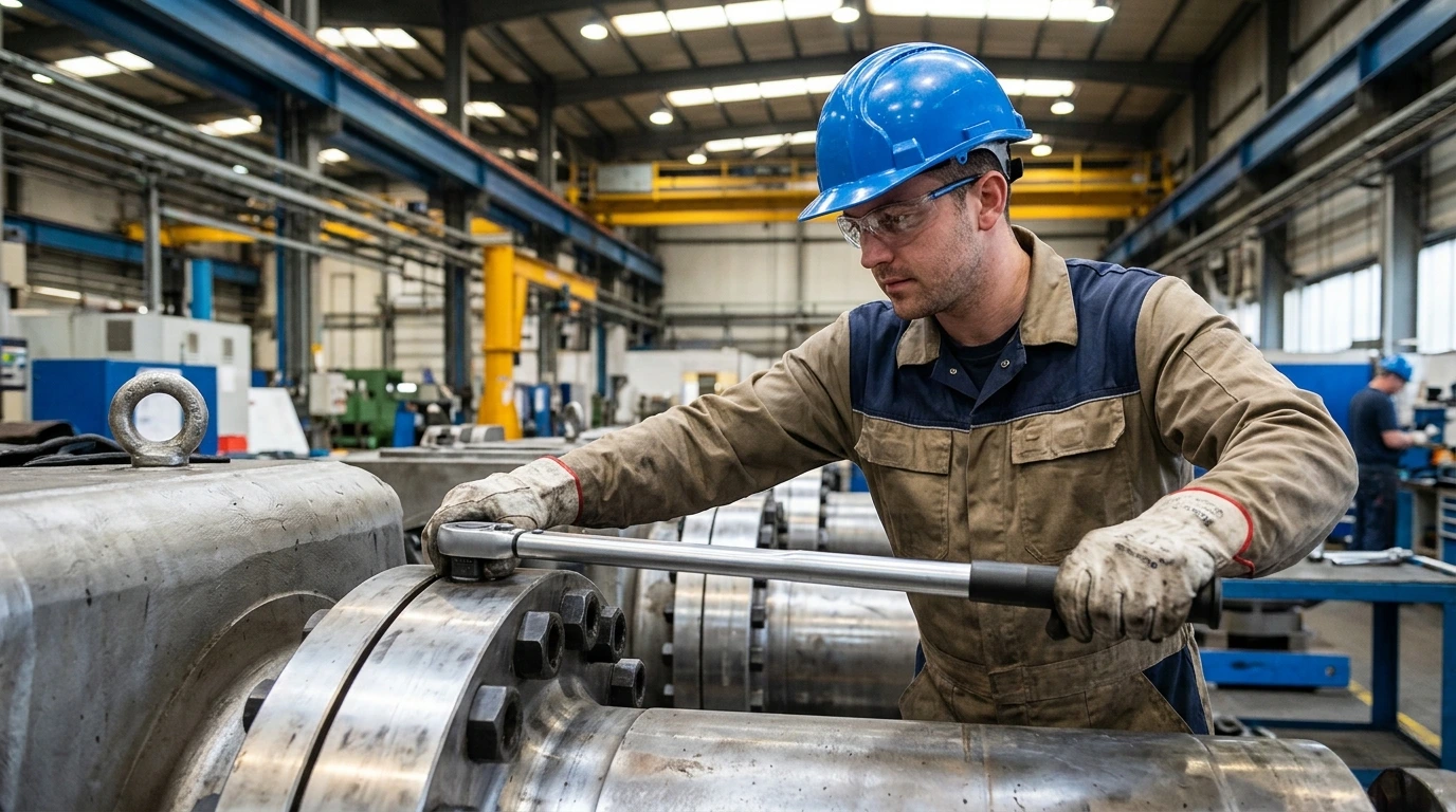 technician tightening industrial bolt with torque wrench