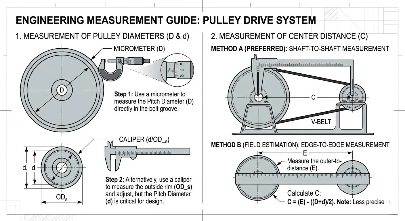 pulley diameter and center distance measurement illustration