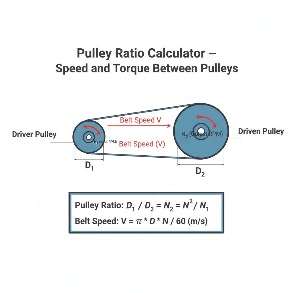 pulley ratio diagram showing driver pulley, driven pulley, belt speed and rpm relationship in belt drive system