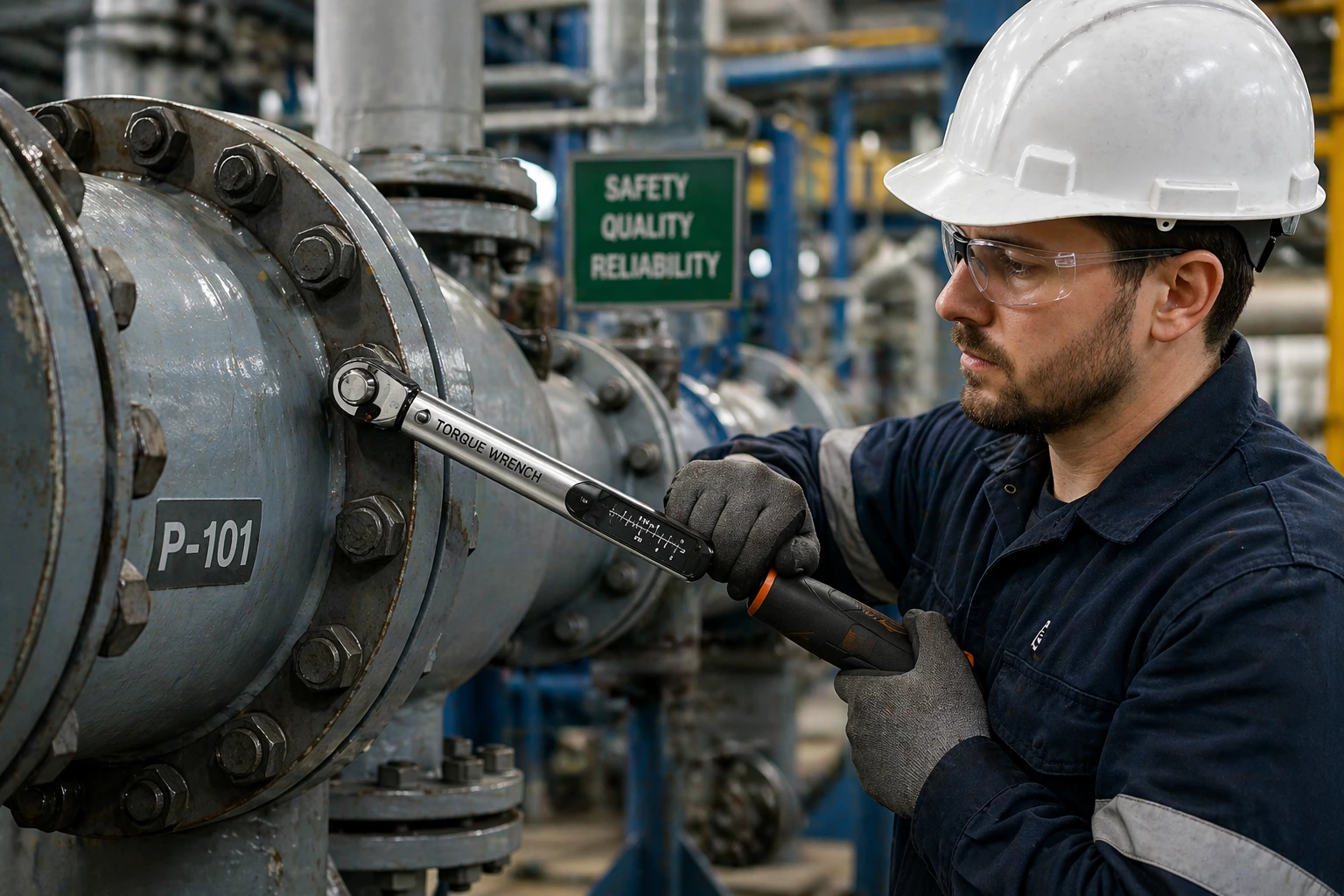 technician applying torque wrench in industrial maintenance