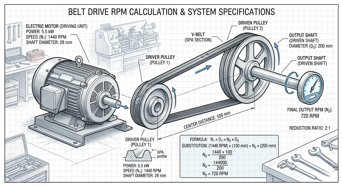 belt drive RPM calculation industrial pulley system