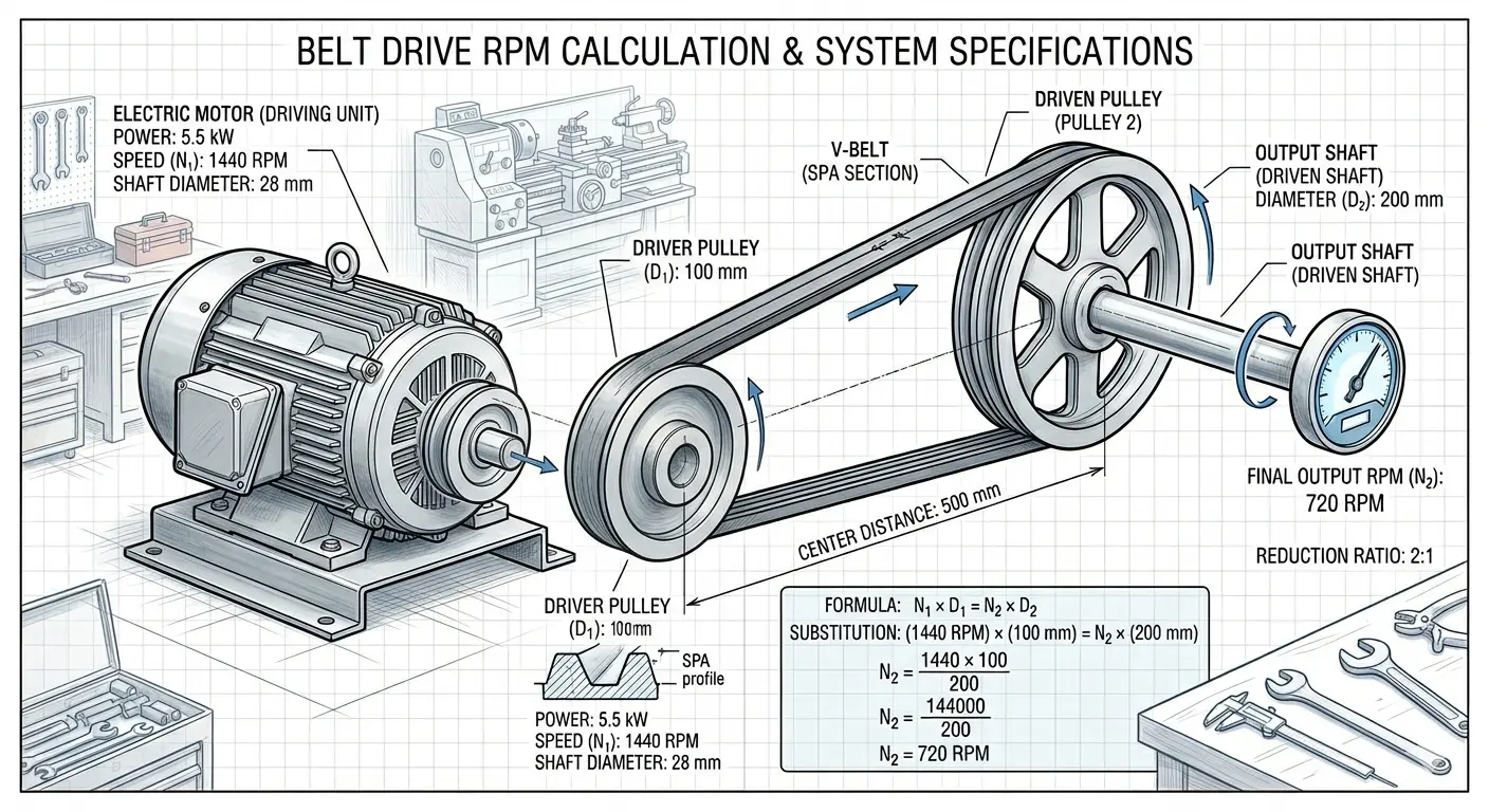 belt drive RPM calculation example with motor and pulleys