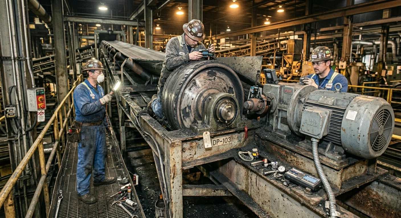 technician inspecting conveyor belt slip and pulley condition
