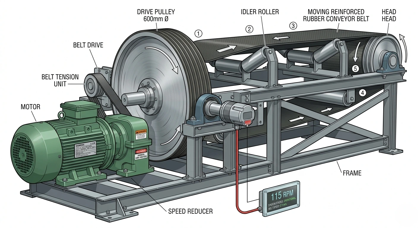 Conveyor Pulley RPM System Industrial conveyor belt pulley RPM system with motor and rotating pulleys