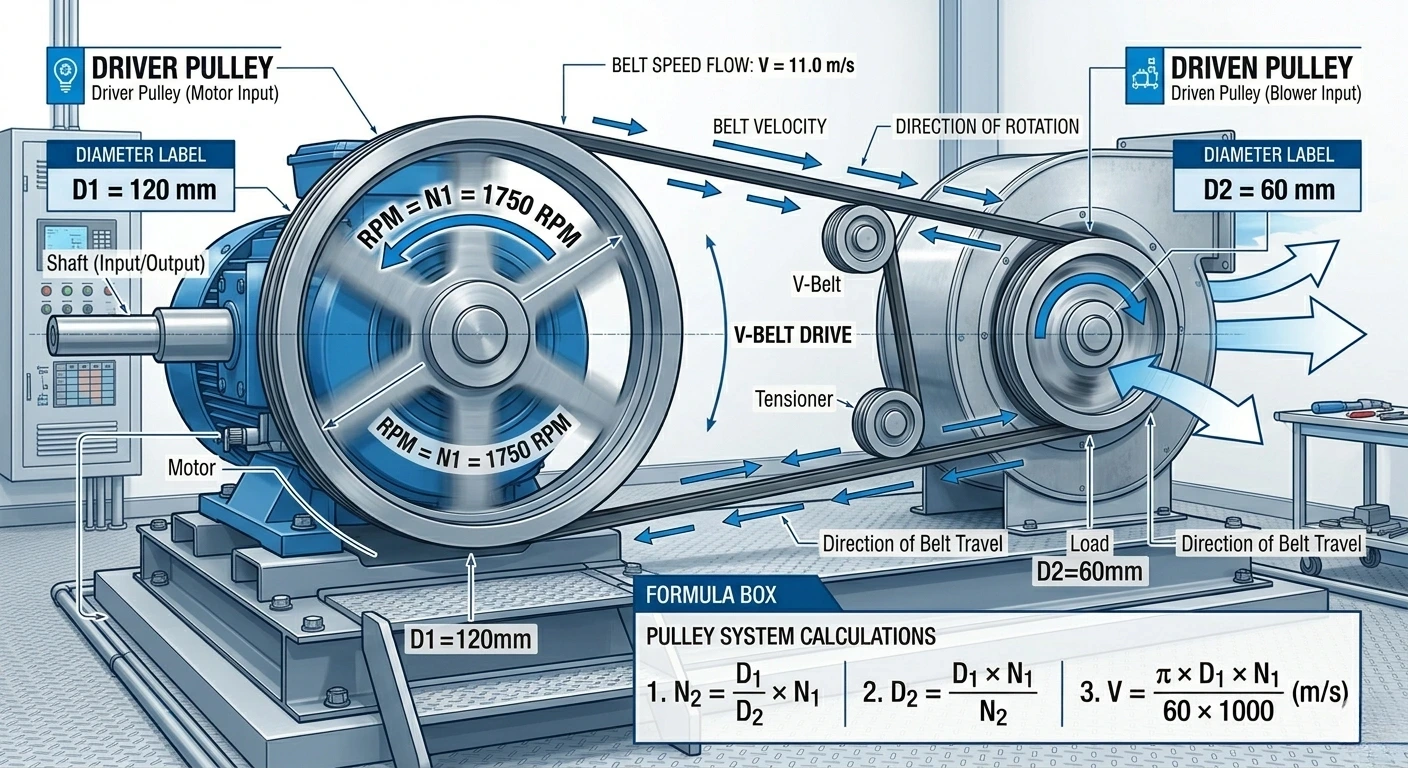 HVAC Pulley RPM System Industrial HVAC pulley RPM system with blower fan and belt drive
