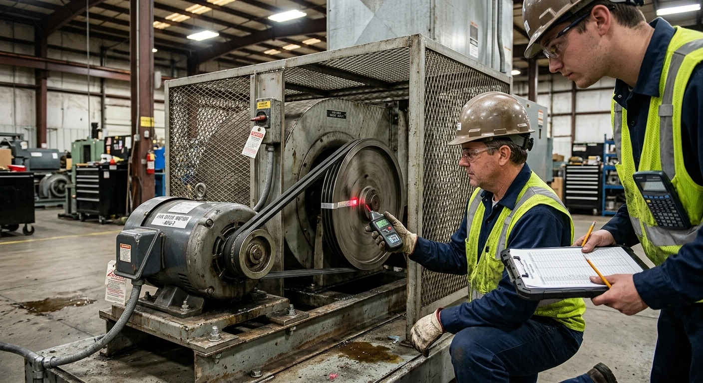 technician calculating belt speed on industrial belt drive
