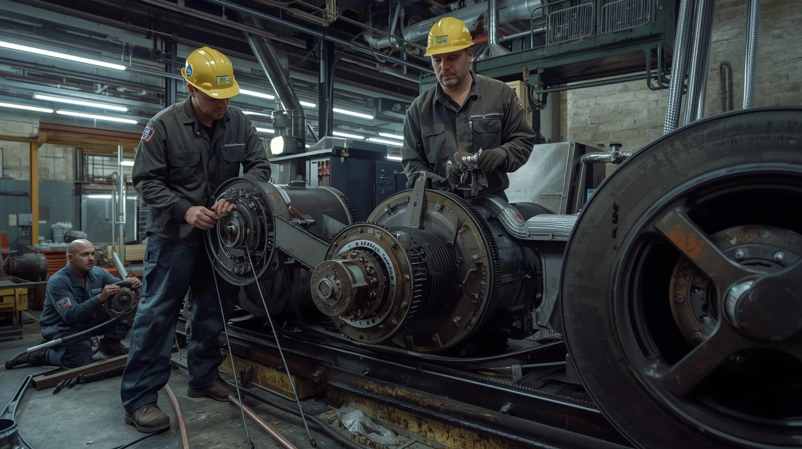 technician checking belt tension and pulley alignment