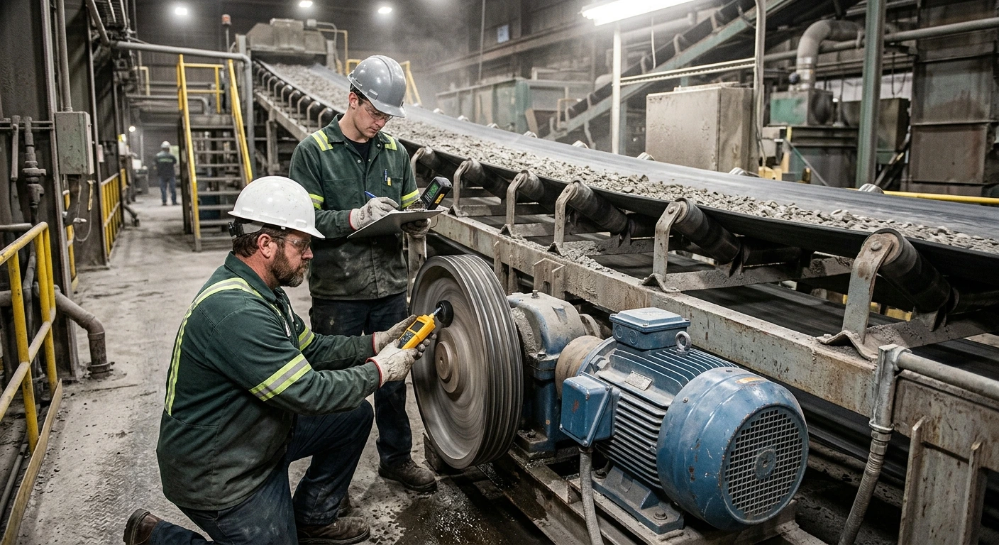 technician checking conveyor belt speed and pulley rpm