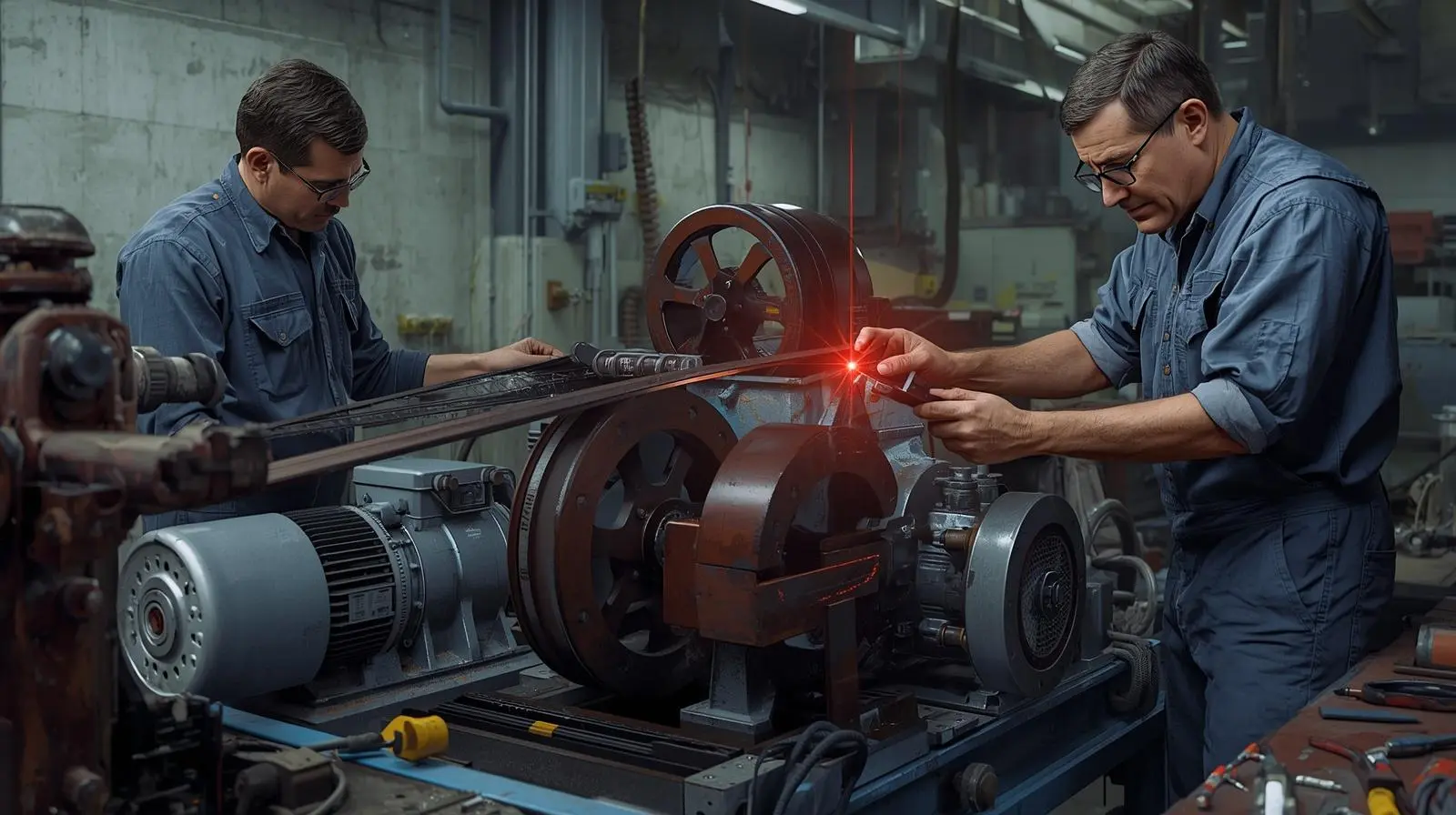 industrial technician checking pulley alignment