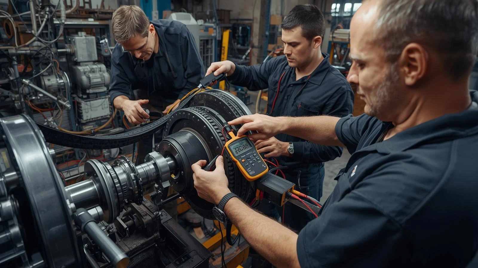 technician troubleshooting industrial pulley and belt drive system