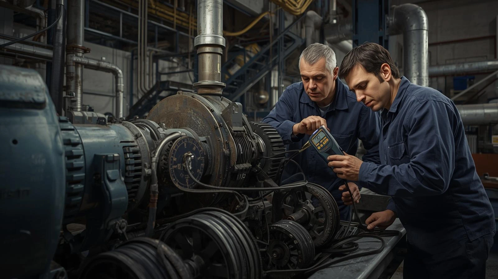 technician inspecting pulley and belt drive system