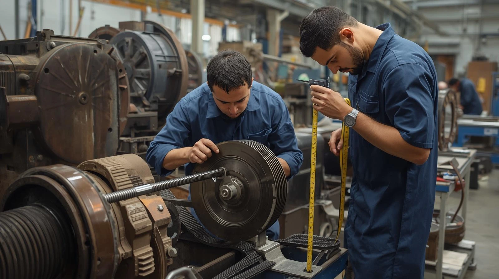 technician measuring pulley diameter with vernier caliper