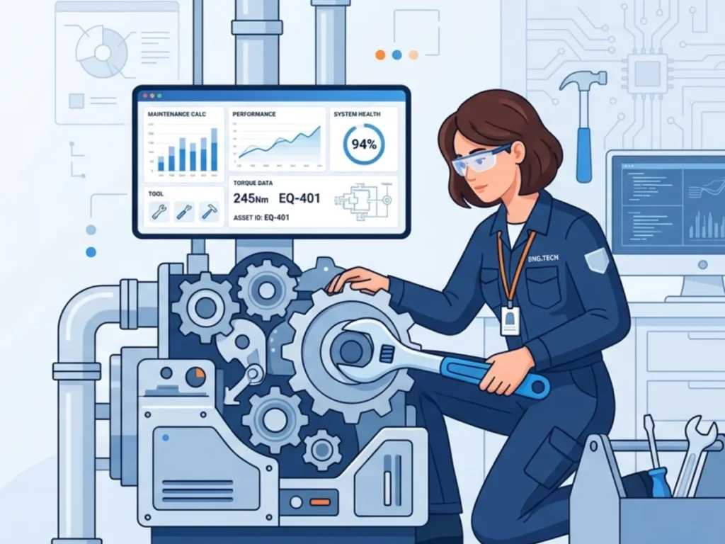 Engineer using mechanical maintenance calculator to analyze machine performance and torque data
