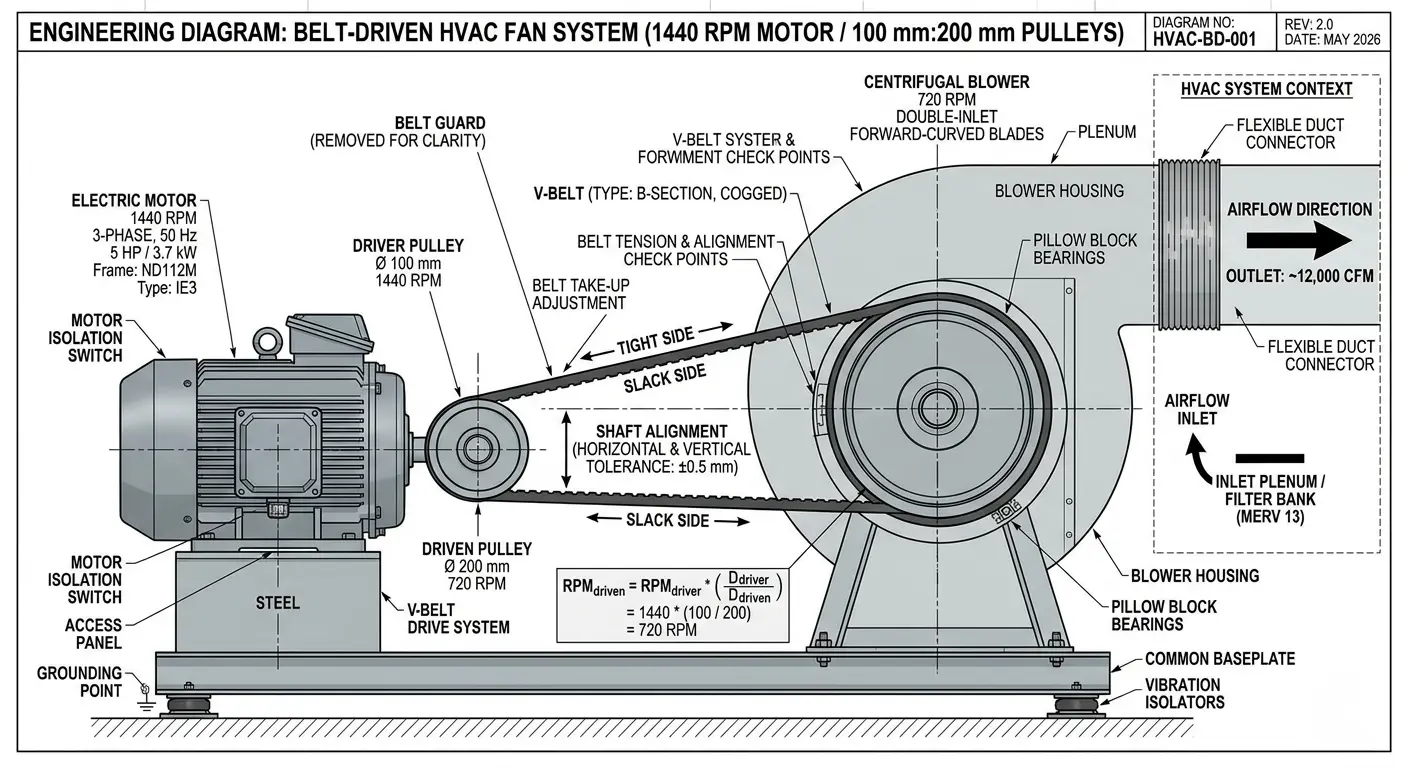 motor pulley sizing example for HVAC fan system