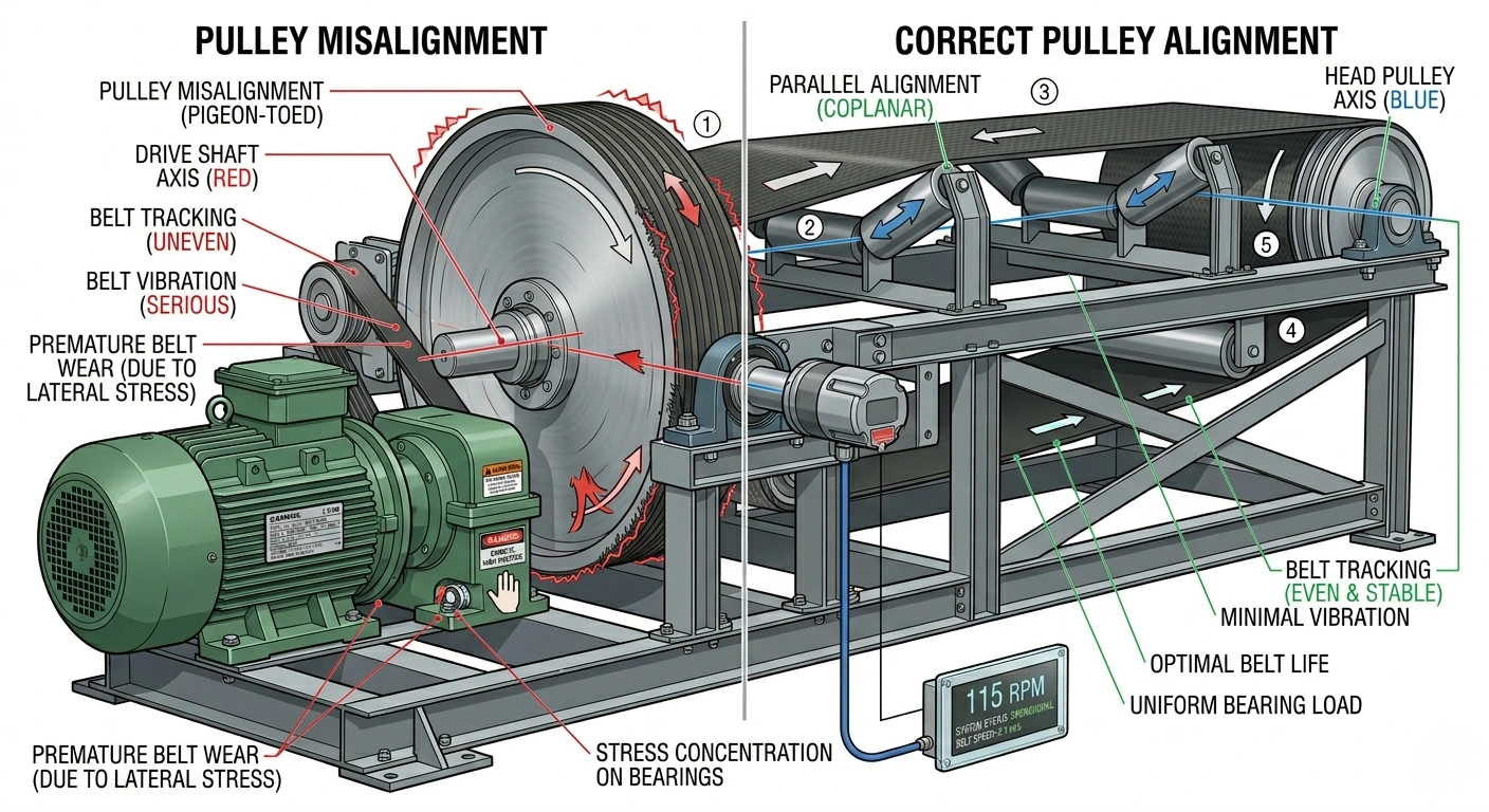 Pulley Alignment Troubleshooting Pulley misalignment vs correct alignment in belt drive systems