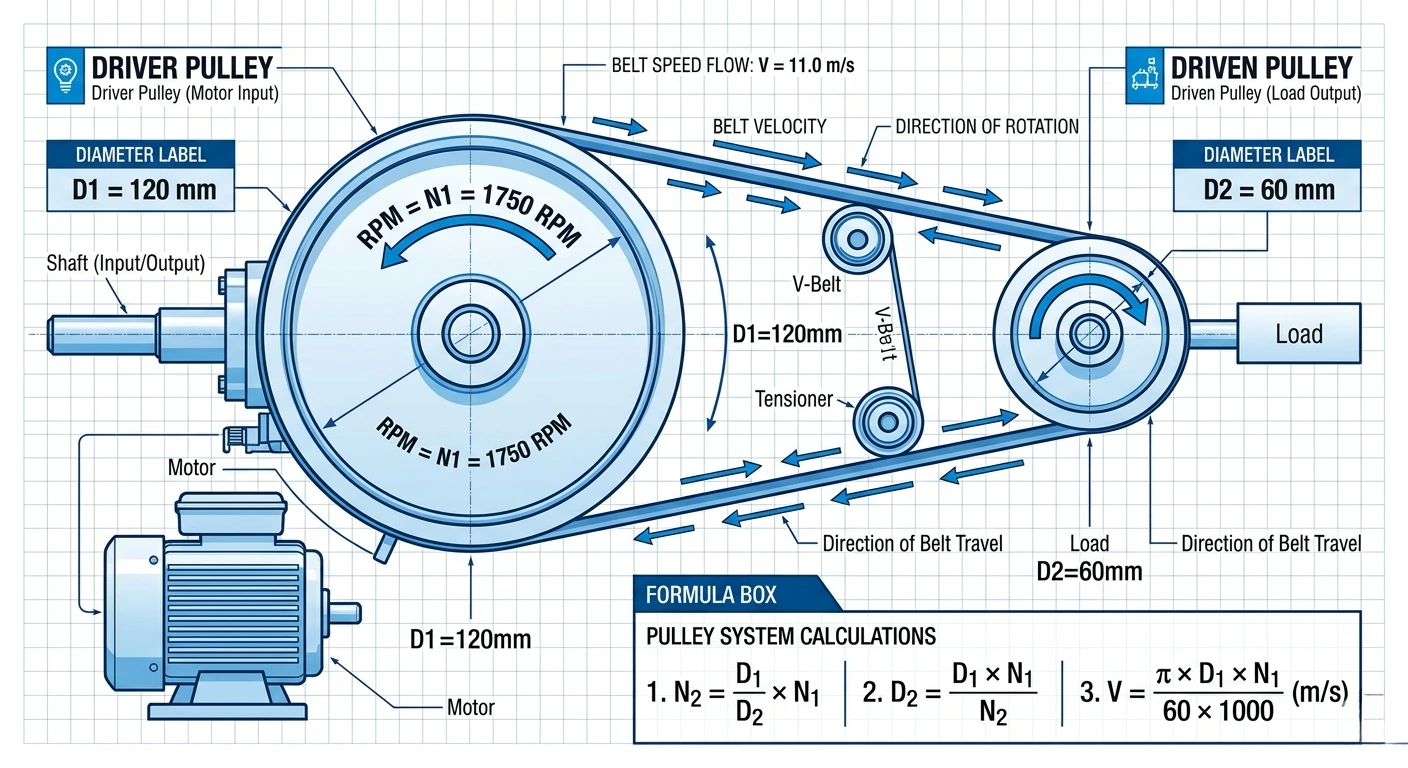 Pulley RPM system diagram showing driver pulley and driven pulley speed calculation