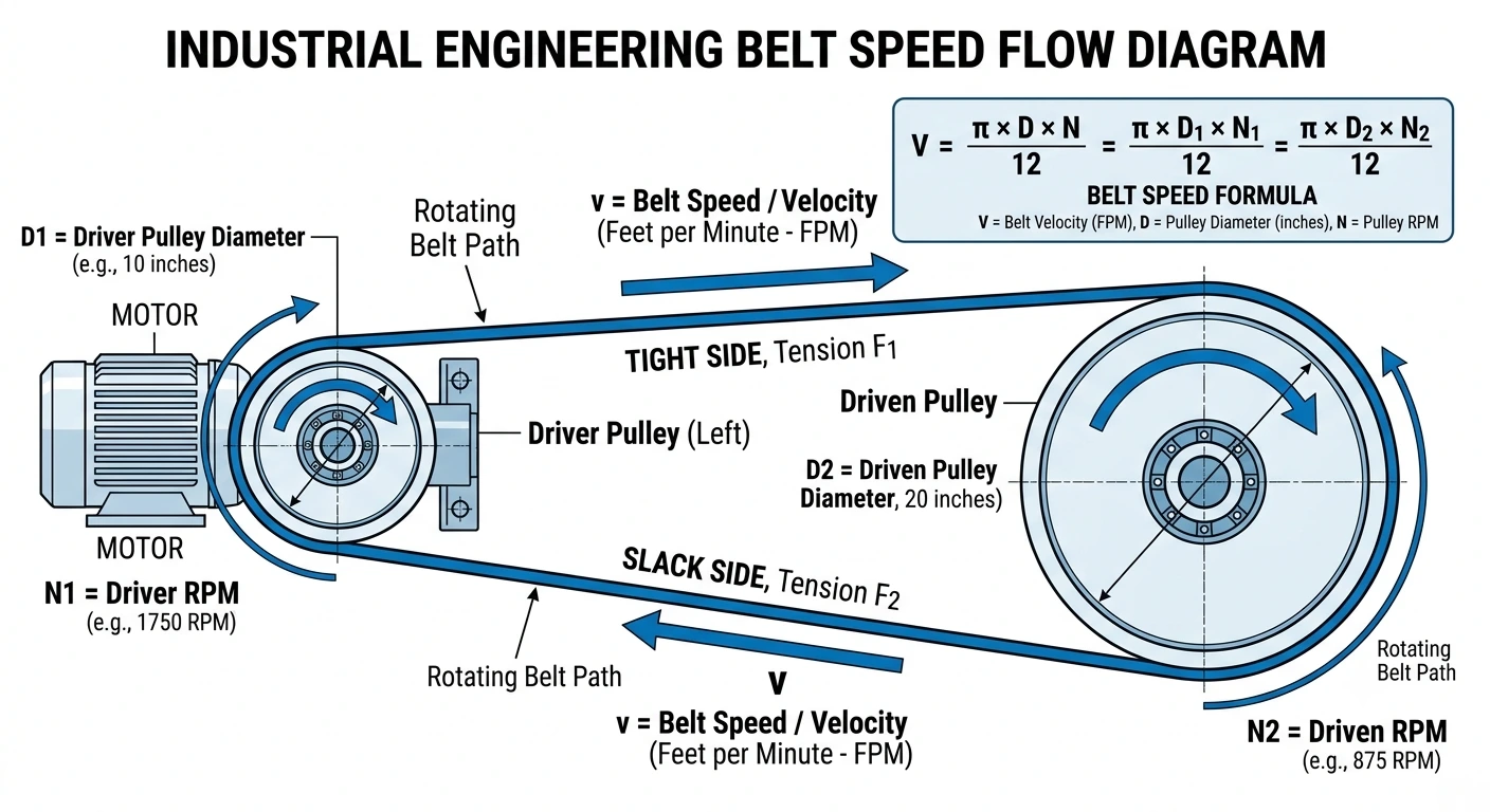 Belt Speed Calculator diagram showing pulley RPM and belt velocity calculation