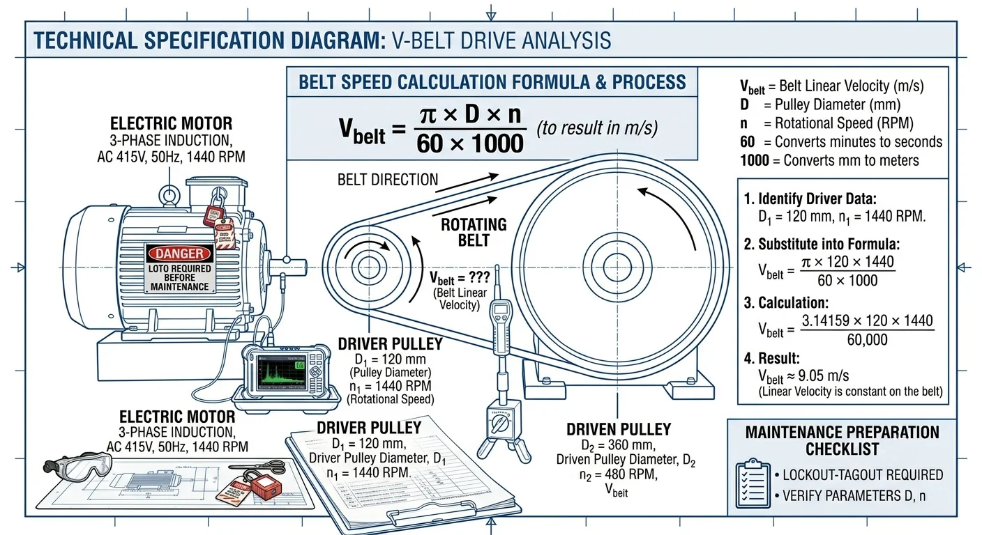Belt speed formula engineering diagram showing pulley diameter and RPM relationship