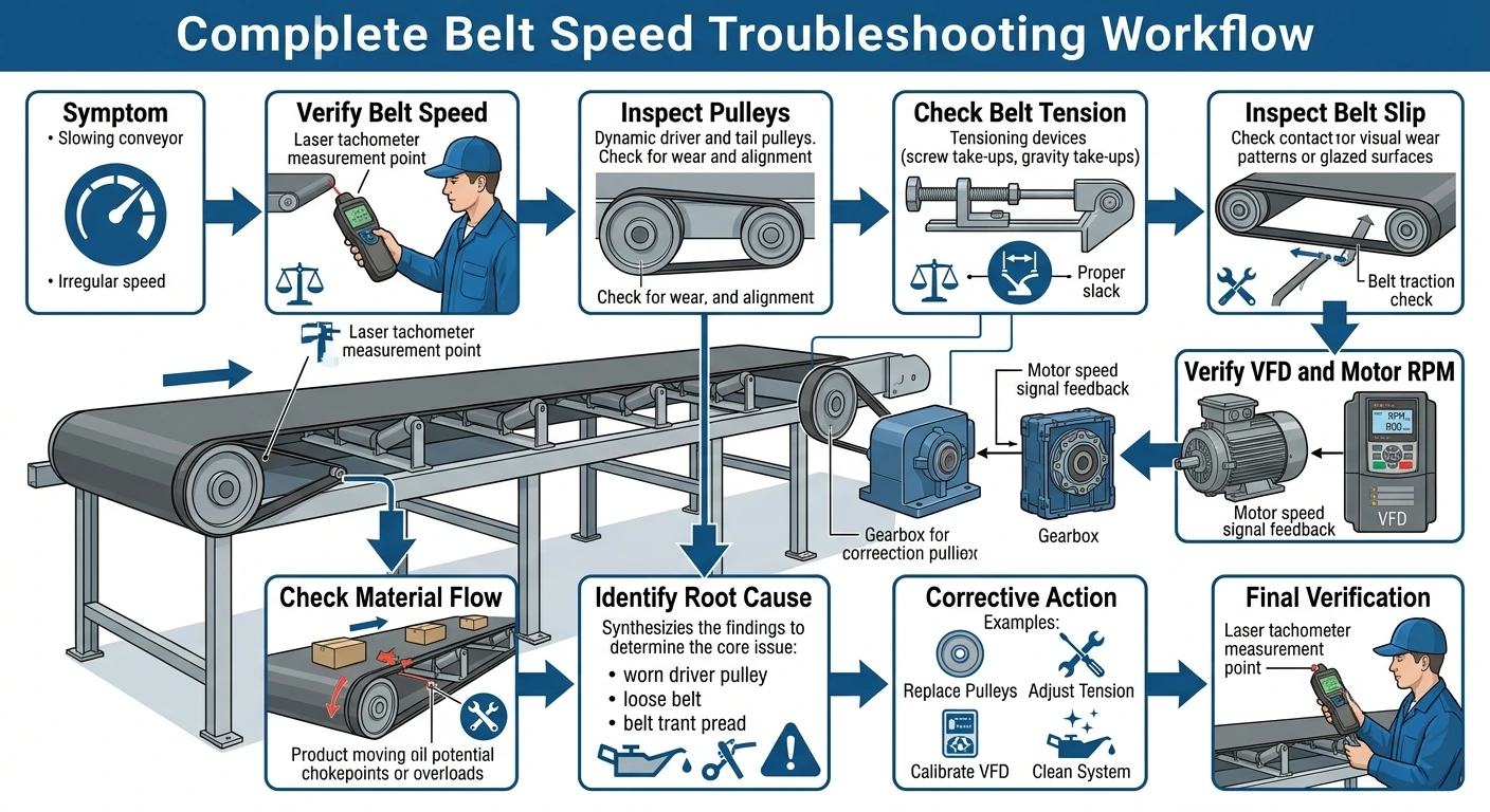 belt speed troubleshooting workflow for conveyor systems