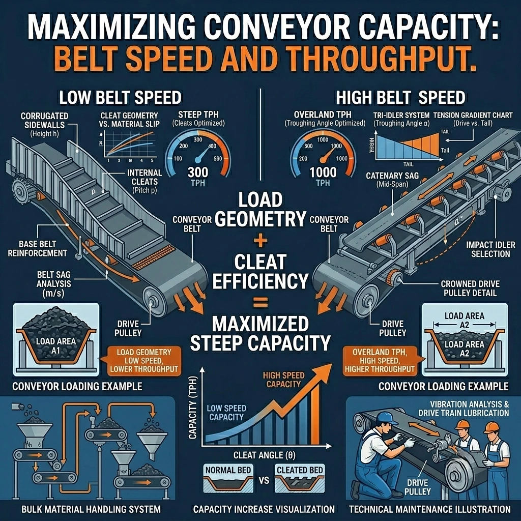 belt speed vs conveyor capacity relationship showing throughput increase with belt speed