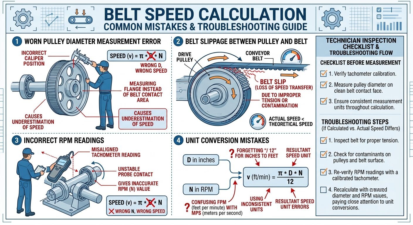 common belt speed calculation mistakes showing pulley measurement and belt slip errors