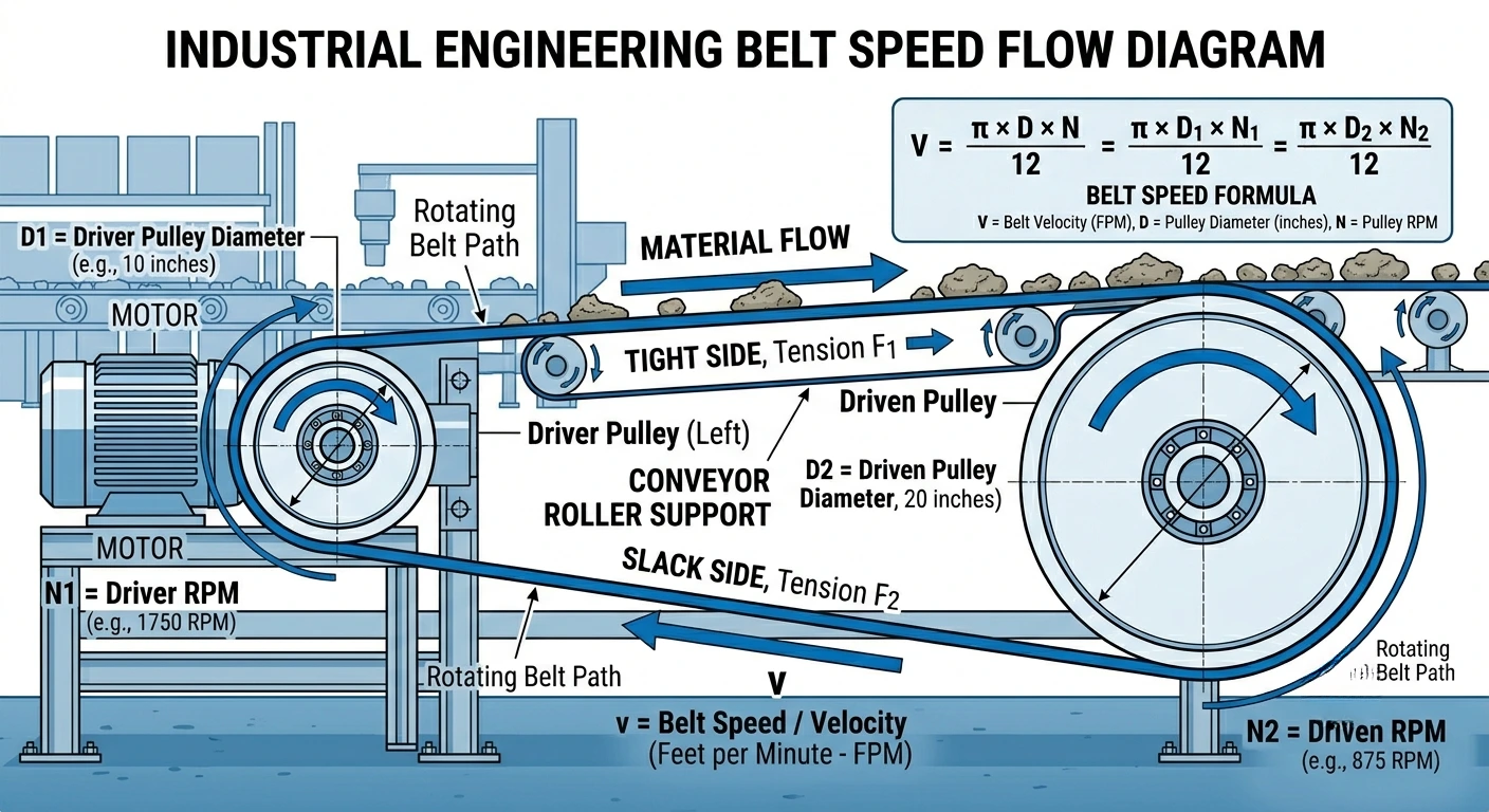 Industrial conveyor belt speed system showing pulley RPM and conveyor belt movement