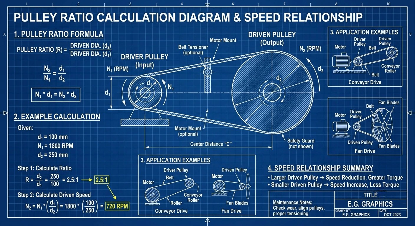 how to calculate pulley ratio formula showing driver and driven pulley relationship