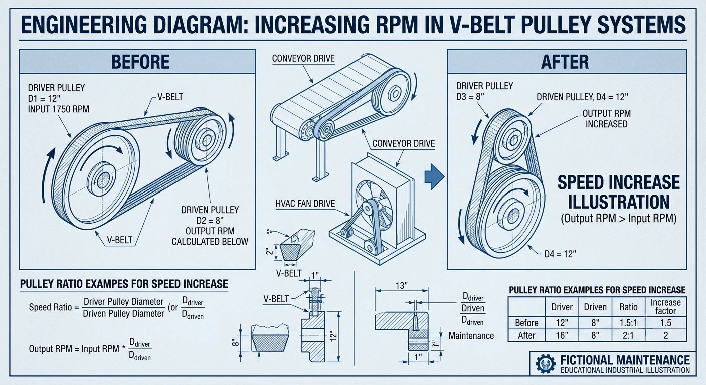 how to increase rpm using pulleys showing driver and driven pulley size changes