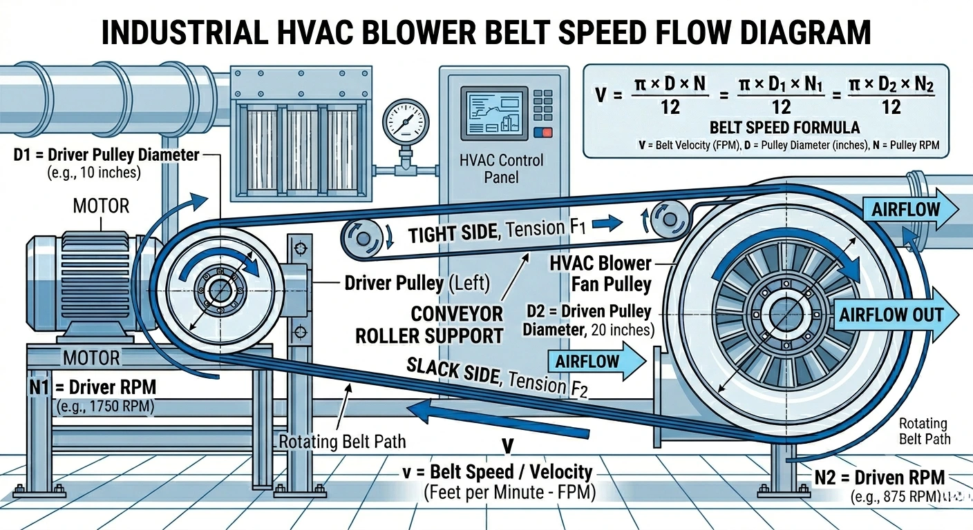 HVAC belt speed system showing blower fan pulley RPM and airflow movement