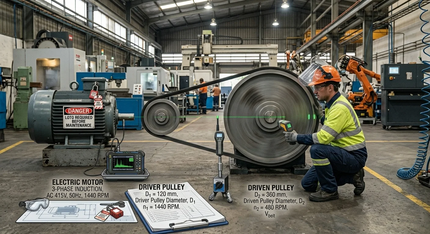 Industrial technician inspecting belt drive system during preventive maintenance