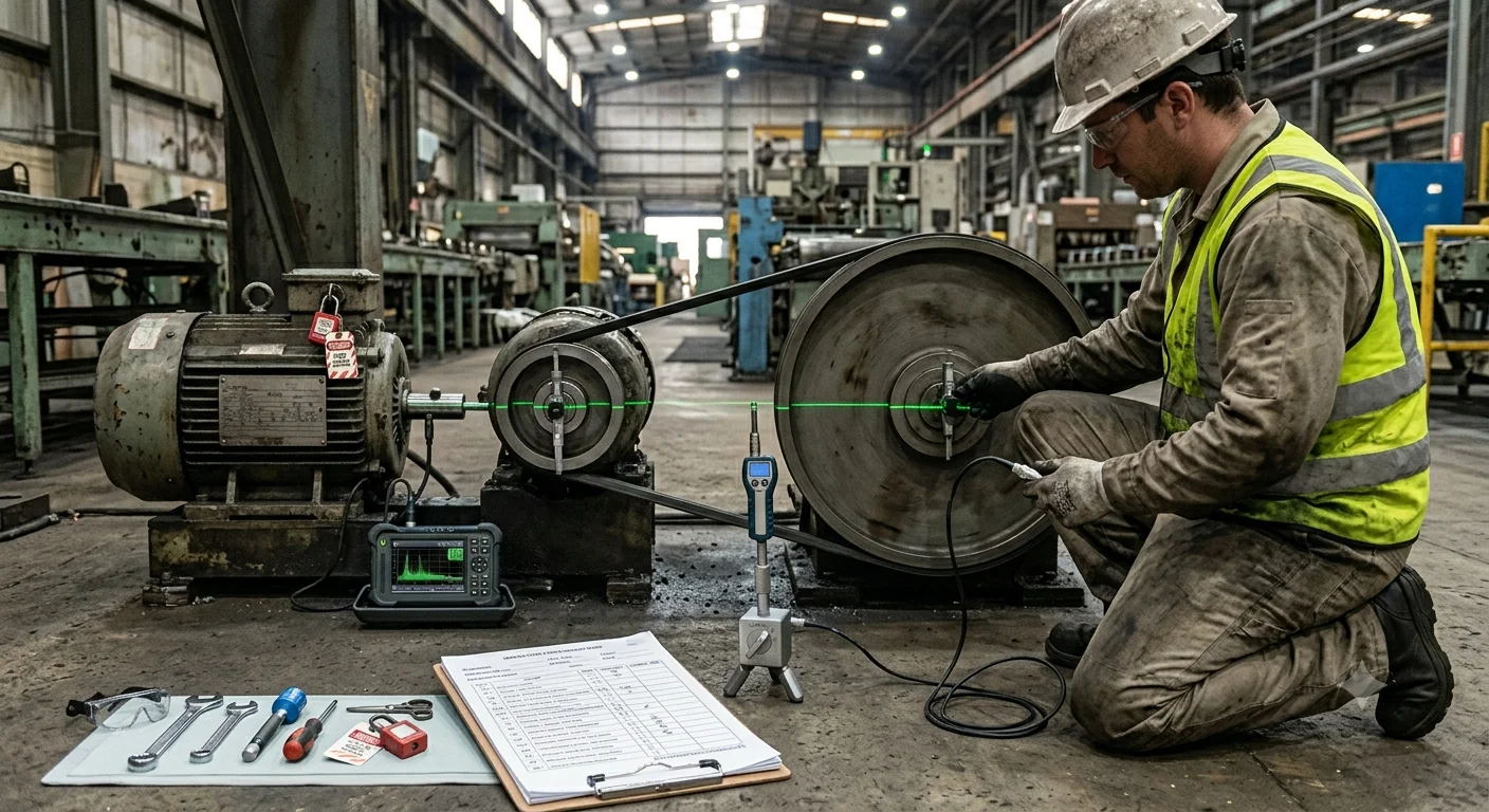 Industrial technician inspecting belt drive system