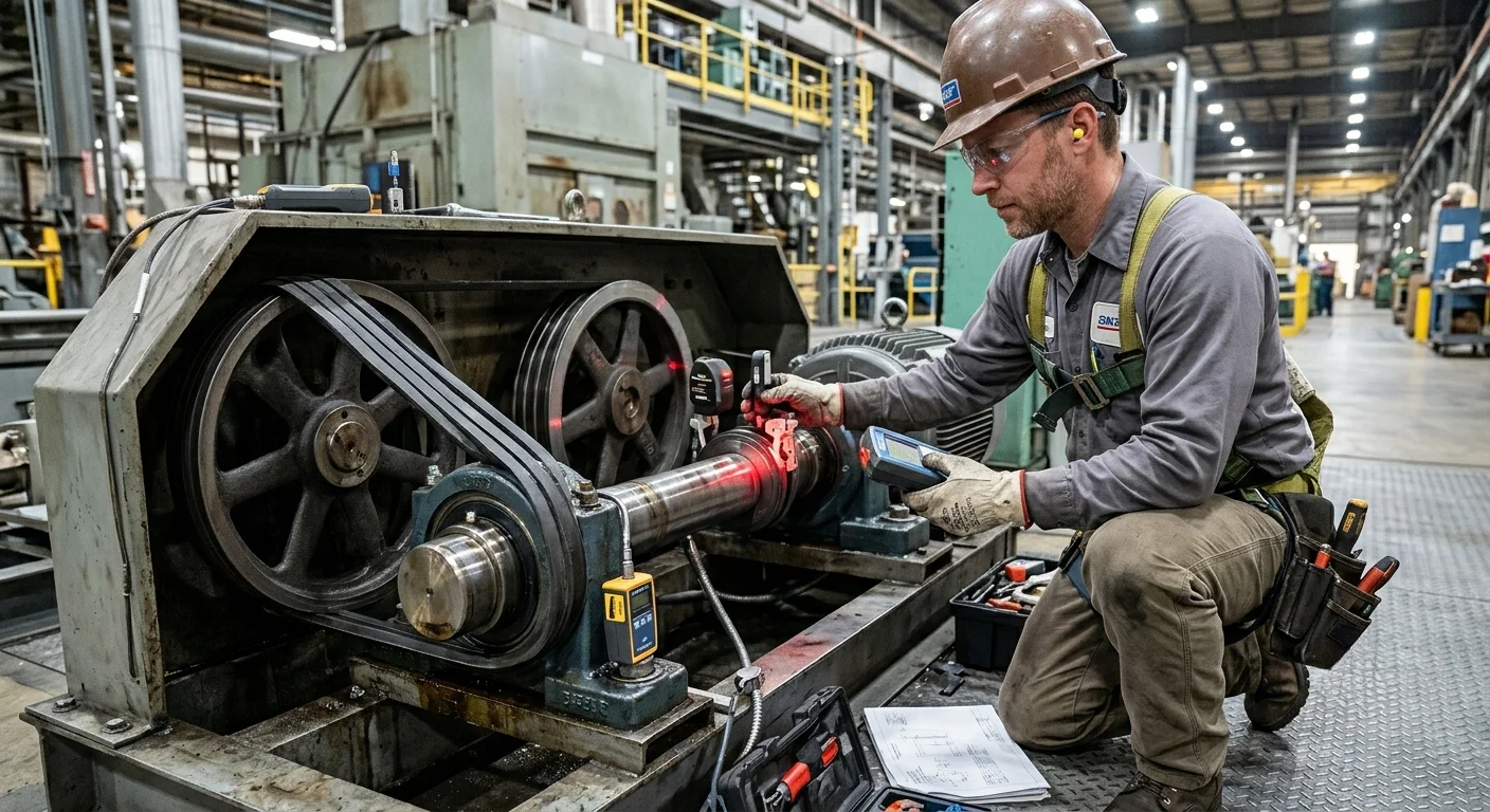 Maintenance technician inspecting conveyor belt speed and pulley condition in industrial plant