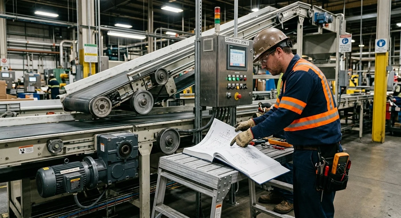 Maintenance technician reviewing conveyor speed specifications and engineering documents in industrial facility