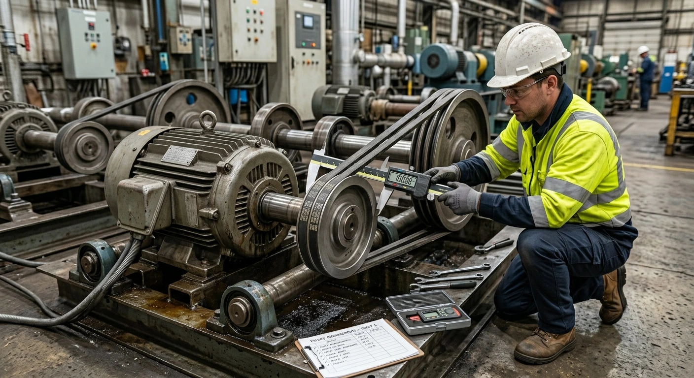 Maintenance technician measuring pulley diameter on industrial belt drive system