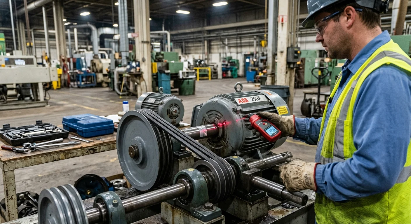 Maintenance technician using digital laser tachometer to measure motor RPM on industrial belt drive system